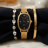 Elegance in Gold: Luxury Watch & Star-Patterned Bangle Stack with Diamond Bracelet