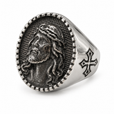 Jesus Christ Crown of Thorns Oval Signet Ring – Antique Silver Religious Cross Band