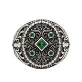 Vintage Emerald-Tone Filigree Signet Ring – Antique Silver Baroque Statement Band