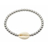 Silver-Tone High-Shine Beaded Bracelet with Natural Cowrie Shell