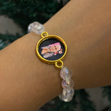 Devotional Guru Portrait Beaded Bracelet – Iridescent Moonstone Aura Stretch Bracelet