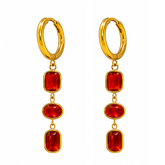 Elegant 18K Gold-Plated Drop Earrings with Triple Cushion-Cut Ruby Red Stones