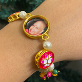Sacred Lotus & Pearl Devotional Photo Bracelet with Meenakari Accents