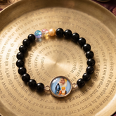 Sacred Trinity Protection Bracelet – Black Onyx & Pastel Gemstones with Deity & Guru Photo Pendant