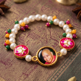 Sacred Lotus & Pearl Devotional Photo Bracelet with Meenakari Accents