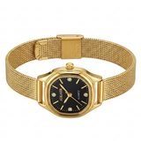 Elegant Women's Gold-Tone Quartz Watch | Black Octagonal Dial with Crystal Accents & Mesh Strap