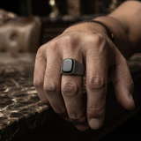 Men's Vintage Textured Black Stone Signet Ring in Stainless Steel