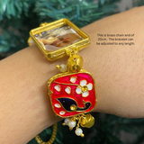 Divine Grace Handcrafted Photo Pendant Bracelet with Red Enamel & Peacock Detail