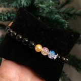 Sacred Trinity Protection Bracelet – Black Onyx & Pastel Gemstones with Deity & Guru Photo Pendant