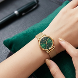 ATRAER Elegant Gold Mesh Emerald Green Watch