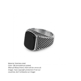 Men's Vintage Textured Black Stone Signet Ring in Stainless Steel