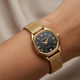 Elegant Women's Gold-Tone Quartz Watch | Black Octagonal Dial with Crystal Accents & Mesh Strap