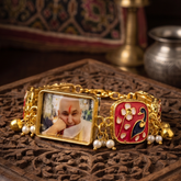 Divine Grace Handcrafted Photo Pendant Bracelet with Red Enamel & Peacock Detail
