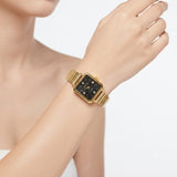 Elegance Square Gold-Plated Watch with Black Dial & Crystal Accents | Anti-Tarnish Daily Wear Timepiece