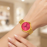 ATRIKAR Elegant Gold-Tone Stainless Steel Mesh Watch with Vibrant Pink Dial for Women