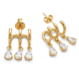 18K Gold Plated Triple Hoop Drop Earrings with Pear-Cut Cubic Zirconia Dangles