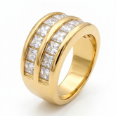 Double Row Princess Cut Cubic Zirconia Wide Band Ring in 18K Gold Finish