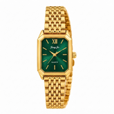 Yong Jie Gold-Tone Rectangular Watch with Emerald Green Sunburst Dial & Textured Link Bracelet
