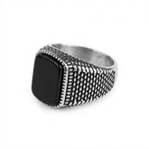 Men's Vintage Textured Black Stone Signet Ring in Stainless Steel
