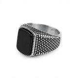 Men's Vintage Textured Black Stone Signet Ring in Stainless Steel