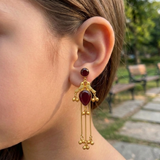 Antique Gold-Plated Ruby Bird Motif Long Dangle Earrings