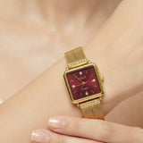 Women's Gold-Tone Square Quartz Watch with Deep Red Dial and Crystal Accents