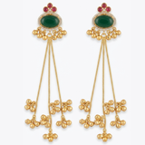 Long Chain Drop Earrings with Emerald Green Stone and Dangling Ghungroos