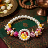 Guru Ji Divine Swaroop Pearl Bracelet with Vibrant Pink Crackle Beads