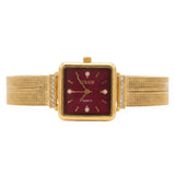 Women's Gold-Tone Square Quartz Watch with Deep Red Dial and Crystal Accents