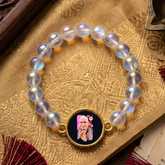 Devotional Guru Portrait Beaded Bracelet – Iridescent Moonstone Aura Stretch Bracelet