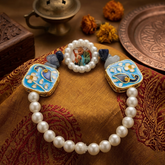 Devotional Guruji Photo Pearl Bracelet – Meenakari Peacock & Gemstone Stretch Bracelet
