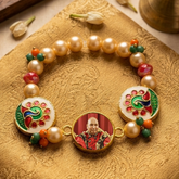 Devotional Guruji Photo Pearl Bracelet – Traditional Meenakari Peacock & Beaded Stretch Bracelet