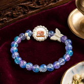 Devotional Guru Photo Pearl Beaded Bracelet – Galaxy Blue & Purple Crackle Quartz Stretch Bracelet