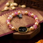"Blessings Always Guruji" Engraved Charm Bracelet – Pink Crackle Quartz & Gold Pearl Stretch Bracelet