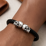 Dual Skull Braided Leather Men's Bracelet