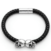 Dual Skull Braided Leather Men's Bracelet