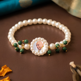 Divine Blessing Faux Pearl Devotional Bracelet with Photo Medallion & Emerald-Green Bead Accents