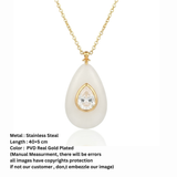 18K Gold Plated White Resin Teardrop Pendant Necklace with Zircon Center