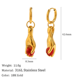 "Hand of Devotion" Gold & Ruby Heart Drop Earrings