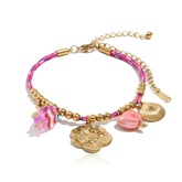 Island Bloom Charm Bracelet with Pink Glass Hearts & Golden Seashells