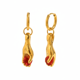 "Hand of Devotion" Gold & Ruby Heart Drop Earrings