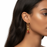 "Hand of Devotion" Gold & Ruby Heart Drop Earrings