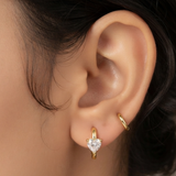 Clear Heart Solitaire Gold Huggie Hoop Earrings
