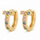 Multicolor Initial 'T' Gold Huggie Hoop Earrings