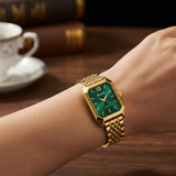 Yong Jie Gold-Tone Rectangular Watch with Emerald Green Sunburst Dial & Textured Link Bracelet