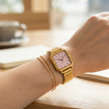 Atraer Square Gold Watch with Soft Pink Dial & Expandable Metal Strap