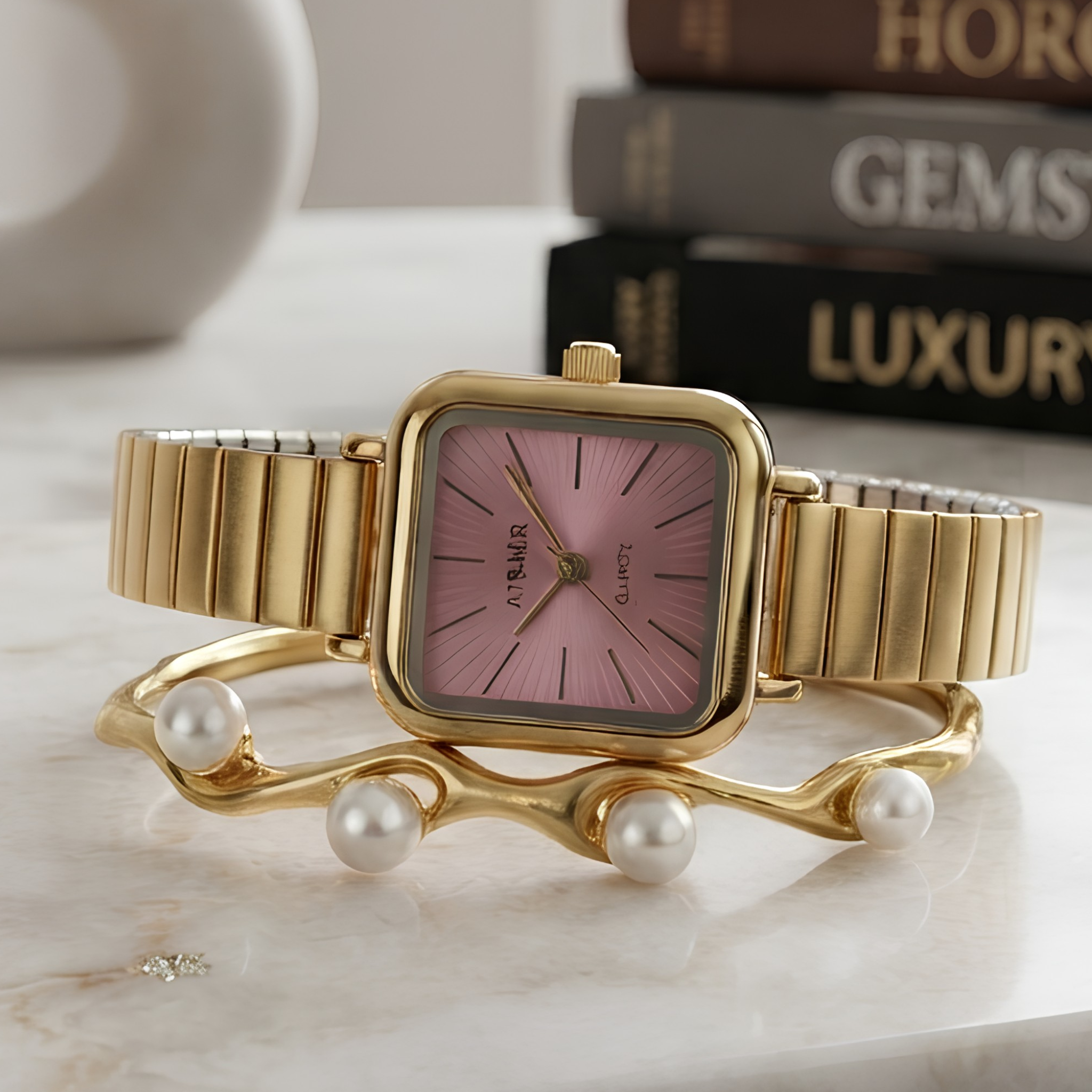 Golden Elegance Square Dial Watch & Pearl-Accented Branch Bracelet Set