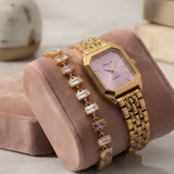 Gilded Grace Rectangular Dial Watch & Baguette Crystal Tennis Bracelet Set