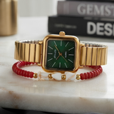 Interstellar Emerald Square Watch & Ruby Red Beaded Bracelet Stack | Luxury Anti-Tarnish Combo