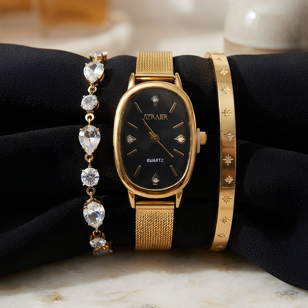 Elegance in Gold: Luxury Watch & Star-Patterned Bangle Stack with Diamond Bracelet